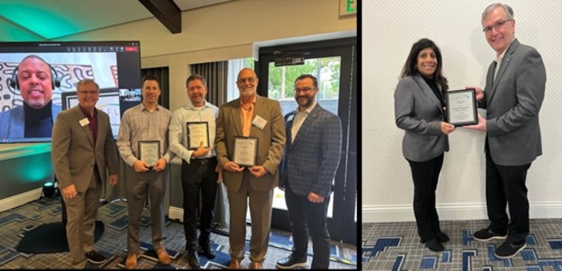 Left photo: 2024 Fellows Award recipients are presented with plaques by the NextFlex Co-Executive Directors. (L to R) Erick King, Dr. Art Wall, David Sabanosh, Dr. Kenneth Church, Andrew Kwas, and Dr. Scott Miller. Right photo: (L to R) Madhu Stemmermann receives her plaque from Dr. Art Wall.