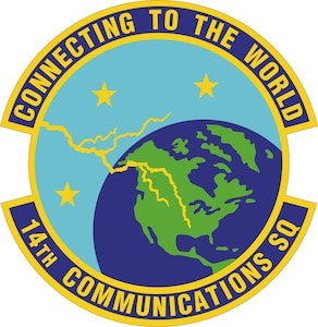 Global with three stars and lightning. Text 14th Communications Squadron, connected to the world.