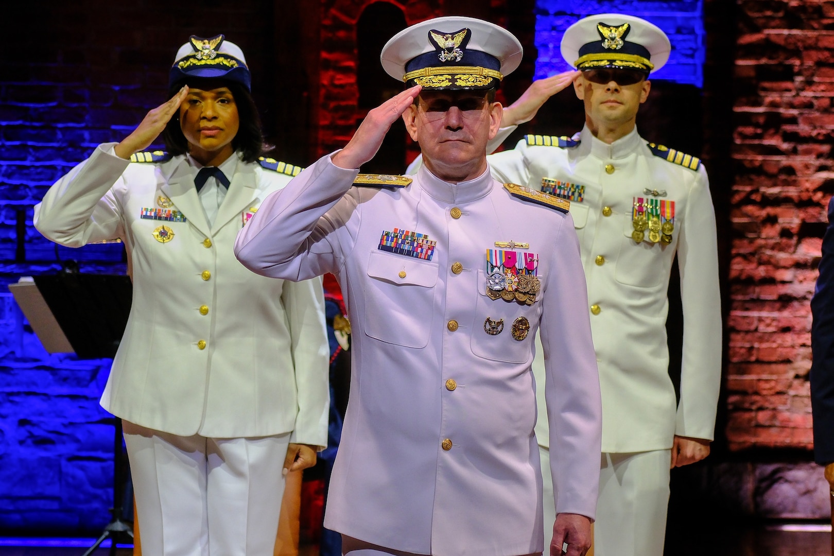 Rear Adm. John Mauger, the First Coast Guard District commander presides over Coast Guard Sector New York’s change-of-command ceremony at the Richard Rodgers Theatre in Manhattan, New York, April 22, 2024. Capt. Zeita Merchant transferred command of Coast Guard Sector New York to Capt. Jonathan Andrechik during the ceremony. (U.S. Coast Guard photo by Petty Officer 2nd Class Ryan Schultz)