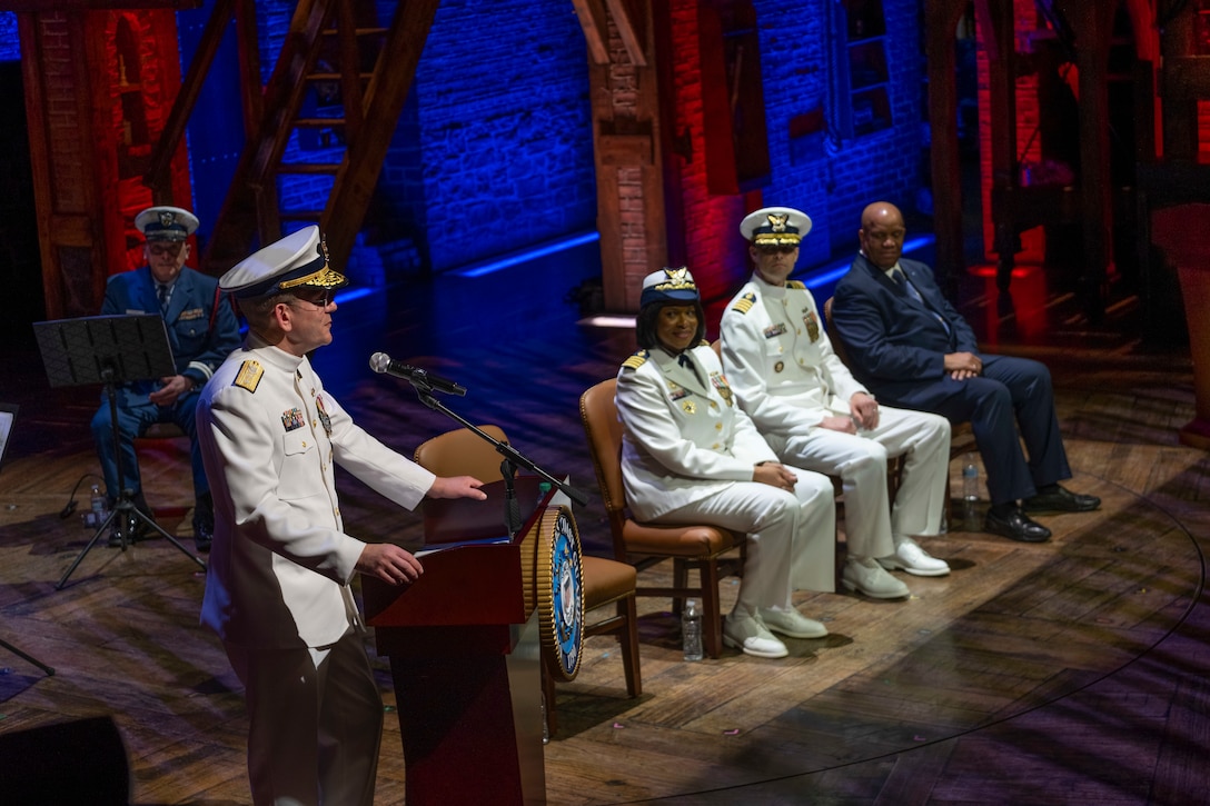 Rear Adm. John Mauger, the First Coast Guard District commander speaks during Coast Guard Sector New York’s change-of-command ceremony at the Richard Rodgers Theatre in Manhattan, New York, April 22, 2024. Capt. Zeita Merchant transferred command of Coast Guard Sector New York to Capt. Jonathan Andrechik during the ceremony. (U.S. Coast Guard photo by Chief Warrant Officer Brandyn Hill)