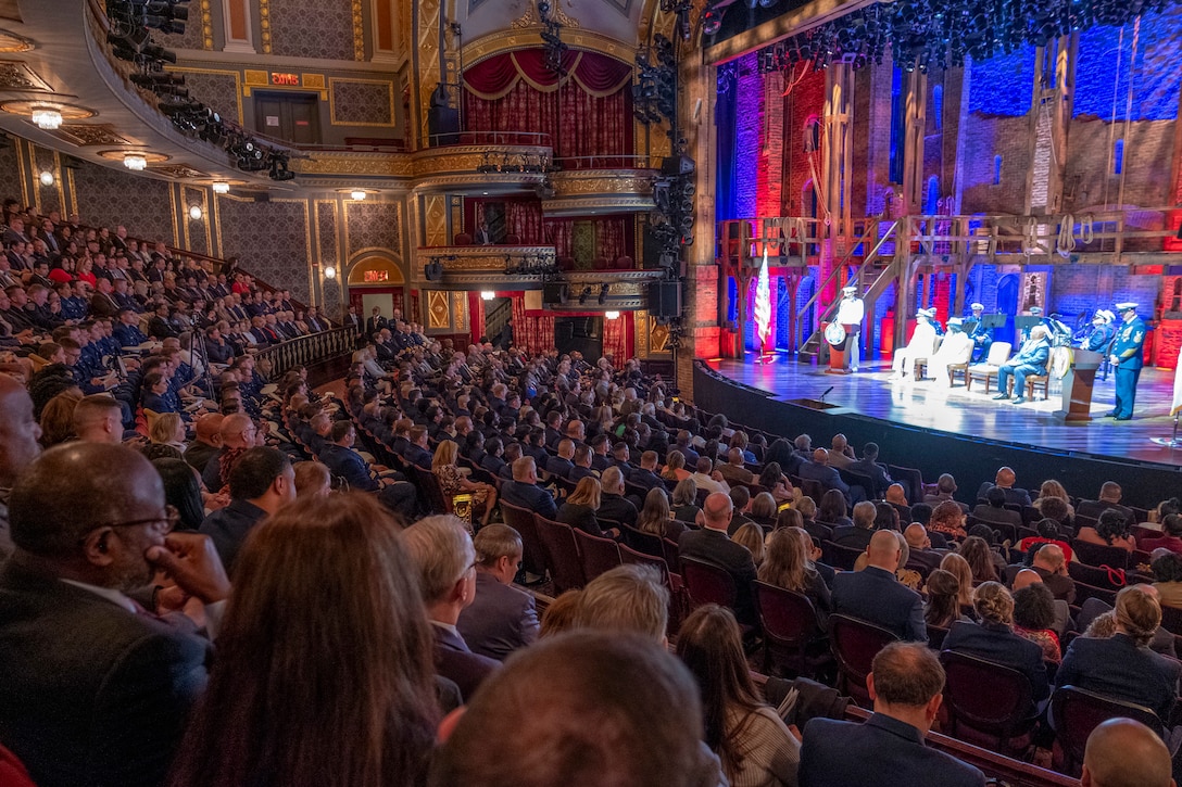 Hundreds of spectators, friends, family and government officials attend Coast Guard Sector New York's change-of-command ceremony at the Richard Rodgers Theatre in Manhattan, New York, April 22, 2024. Capt. Zeita Merchant transferred command of Coast Guard Sector New York to Capt. Jonathan Andrechik during the ceremony. (U.S. Coast Guard photo by Chief Warrant Officer Brandyn Hill)