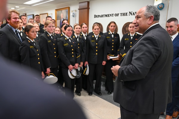 Washington D.C. (April 22, 2024) Secretary of the Navy Carlos Del Toro met with the United States Naval Academy (USNA) Men’s and Women’s Rugby Team, helping to kick off the U.S. Rugby Diplomacy initiative at the Pentagon in Washington, D.C., April 22. Rugby Diplomacy is a new sports exchange from the Biden Administration where midshipmen from the USNA Rugby team travel to the Pacific Islands beginning in May for rugby exhibition matches and youth empowerment programming. (U.S. Navy Photo by Mass Communication Specialist 3rd Class William Bennett IV/Released)