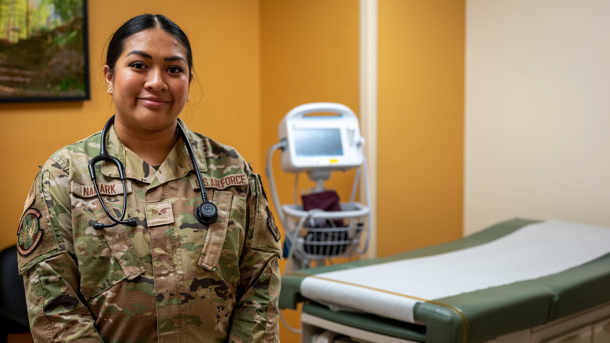 U.S. Air Force Senior Airman Kylah Nanark, 51st Operational Medical Readiness Squadron warrior medicine clinic technician, poses for a photo at Osan Air Base, Republic of Korea, April 10, 2024. Nanark earned Mustang of the Week when she back-filled a section chief position, leading 11 members, and performing medical clearances and record reviews, ensuring Osan Airmen remain fit to fight. (U.S. Air Force photo by Senior Airman Sabrina Fuller-Judd)