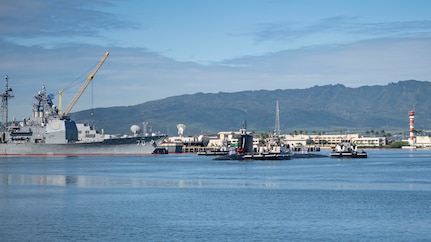 JOINT BASE PEARL HARBOR-HICKAM (Jan. 31, 2024) — The Virginia-class fast-attack submarine USS North Carolina (SSN 777) returns to Joint Base Pearl Harbor-Hickam after a seven-month deployment, Jan. 31, 2024. USS North Carolina is the fourth submarine of the Virginia-class; the first class designated and built post-Cold War in order to meet the challenges of the 21st century, and has improved stealth; sophisticated surveillance capabilities, and special warfare enhancements that enable it to meet the Navy's multi-mission requirements.  (U.S. Navy photo by Mass Communication Specialist 1st Class Scott Barnes)