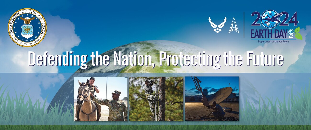Banner image with Defending the Nation, Protecting the Future slogan featuring pictures of Airman and Guardians on horseback, monitoring red cockaded woodpeckers in the trees, and with a satellite.