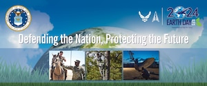 Banner image with Defending the Nation, Protecting the Future slogan featuring pictures of Airman and Guardians on horseback, monitoring red cockaded woodpeckers in the trees, and with a satellite.