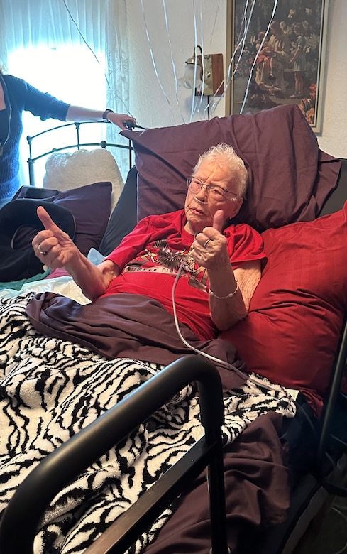 Retired U.S. Marine Corps Corporal Lou 'Mama Lou' Keller tells everyone at her 99th Birthday celebration that she will see them on her 100th Birthday March 30, 2024, in San Jose, CA. Mama Lou was born on March 31, 1925 in the town of Gilroy California and enlisted in the Marine Corps in honor of her late father who was a WWI veteran.