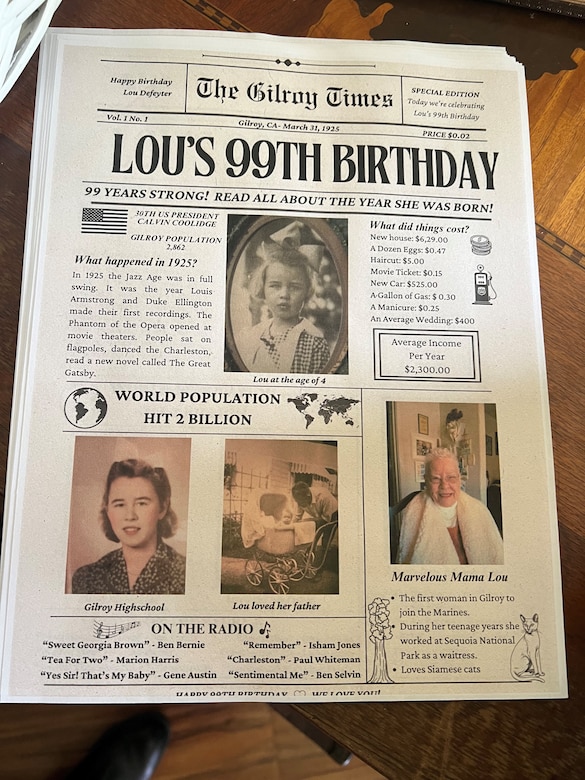 The Gilroy Times honors retired U.S. Marine Corps Corporal Lou 'Mama Lou' Keller’s 99th Birthday in Gilroy CA, March 30, 2024. Mama Lou was stationed at the Pentagon during the height of WWII processing Purple Hearts.