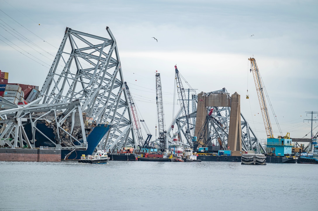 Wreckage of the Francis Scott Key Bridge and M/V Dali cargo ship.