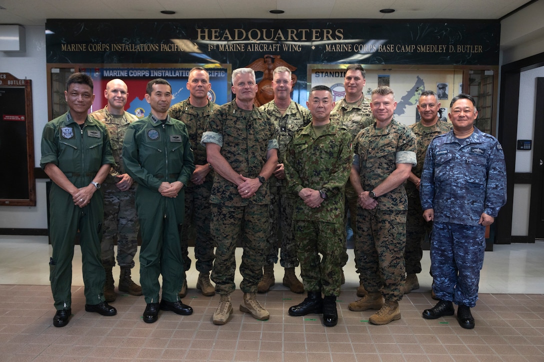 U.S. leaders across military installations in Okinawa and leaders with the Japanese Self-Defense Forces pose for a photo during the 2024 Okinawa Bilateral Commander’s Conference on Marine Corps Base Camp Smedley D. Butler, April. 17, 2024. The conference was held for commanders to share information and discuss mutual areas of interest to include bilateral security initiatives related to training, response capabilities, and deterrence. (U.S. Marine Corps photo by Lance Cpl. Manuel Alvarado)