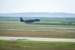 A C-130J Super Hercules takes off from Dyess Air Force Base, Texas, in support of a Maximum Endurance Operation to Andersen Air Force Base, Guam, April 18, 2024.