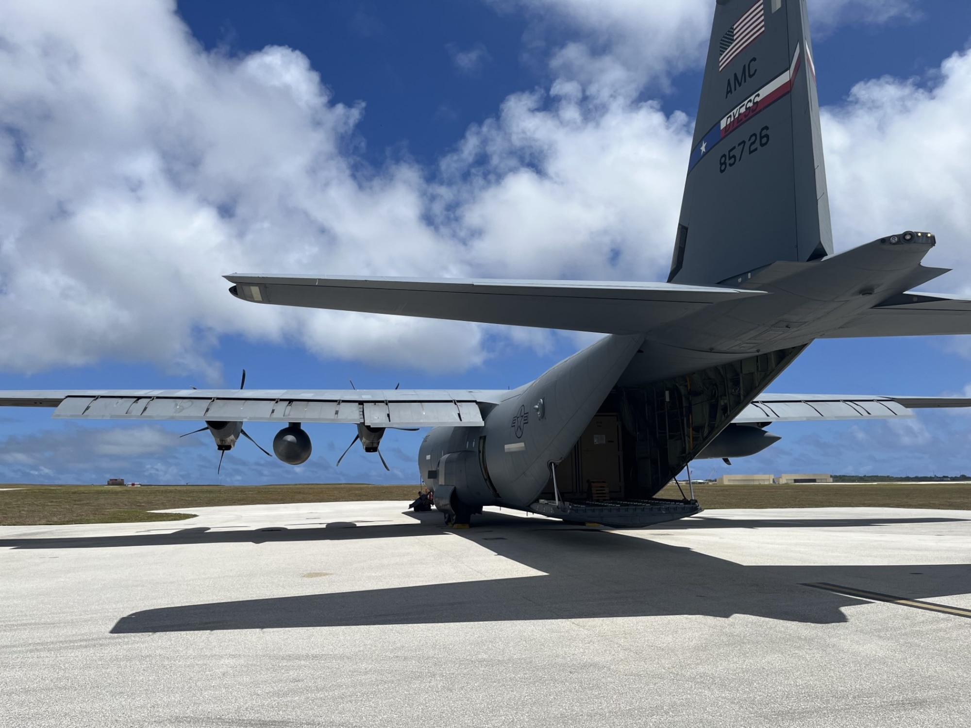 A C-130J Super Hercules unloads at Andersen AFB.