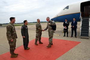 Gen. Stephen Whiting, Commander of the U.S. Space Command, is welcomed to Osan Air Base, Republic of Korea, by U.S. Space Force Lt. Col. Joshua McCullion, U.S. Space Forces – Korea commander, Col. Paul Davidson, 51st Fighter Wing deputy commander, and Chief Master Sgt. Joshua Trundle, 51st Fighter Wing command chief, April 21, 2024.
