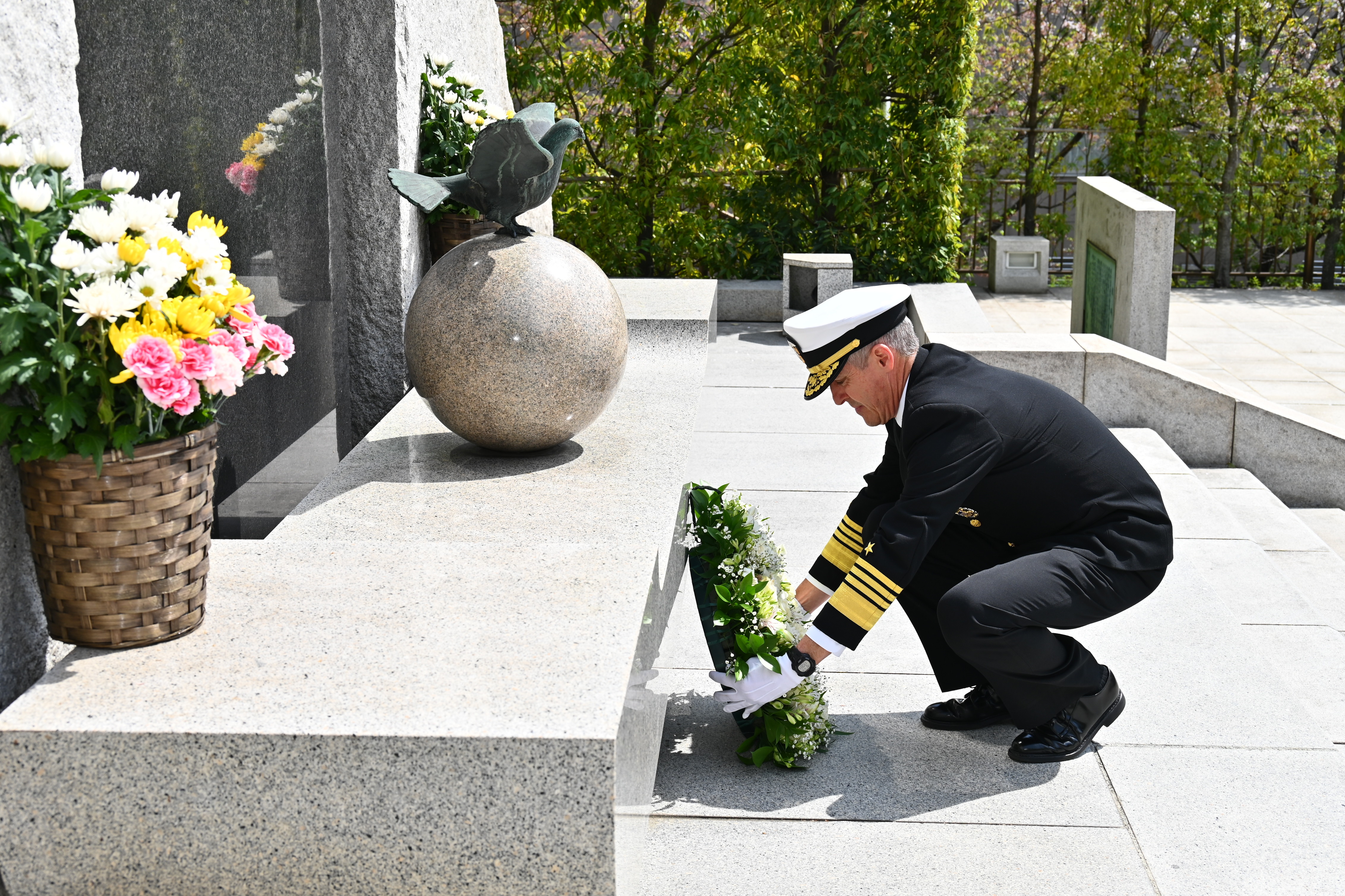 Adm. Stephen Koehler, commander, U.S. Pacific Fleet, lays a wreath at the Ichigaya War Memorial in Tokyo, Japan, April 15, 2024. Koehler laid the wreath to honor Japan Self Defense Force members who have died in service. (Photo Courtesy of U.S. Navy)