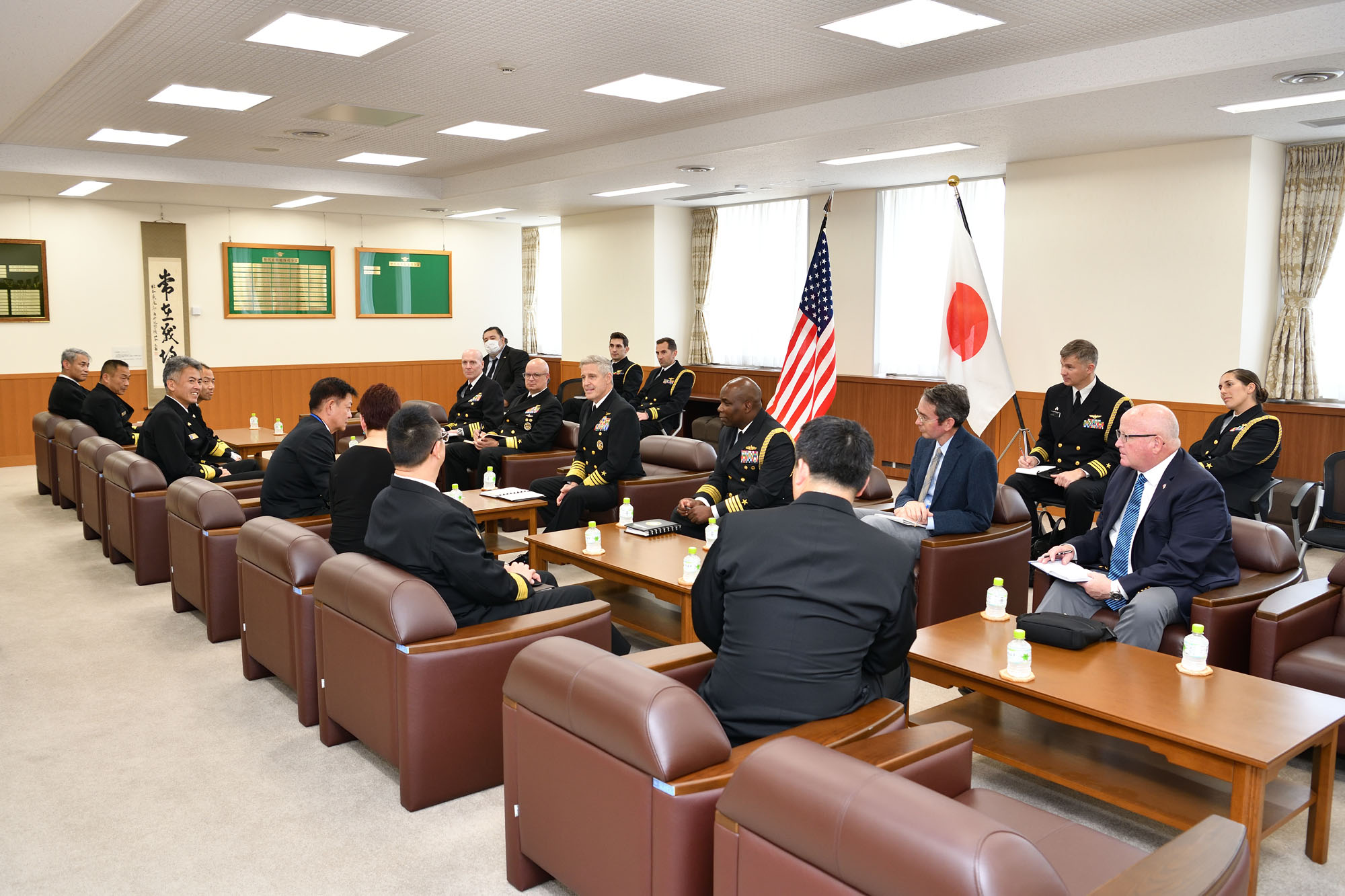 Adm. Stephen Koehler, commander, U.S. Pacific Fleet, center right, meets with Vice Adm. Akira Saito, the commander in chief of the Self-Defense Fleet, Japan Maritime Self-Defense Force, center left in Yokosuka, Japan, April 16, 2024. Koehler met with Saito to discuss the increasing security challenges in the Indo-Pacific and reaffirmed the U.S. Japan alliance as the cornerstone of peace, security, and prosperity in the Indo-Pacific. (Photo Courtesy of U.S. Navy)