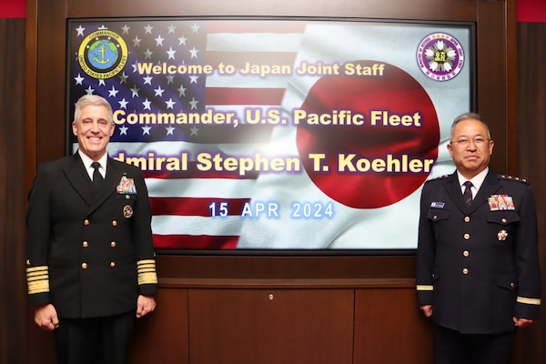 Adm. Stephen Koehler, commander, U.S. Pacific Fleet, left, meets with Gen. Yoshihide Yoshida, chief of staff, Joint Staff of the Japan Self Defense-Forces, in Tokyo, April 17, 2024. Koehler met with Yoshida to discuss the increasing security challenges in the Indo-Pacific and reaffirmed the U.S. Japan alliance as the cornerstone of peace, security, and prosperity in the Indo-Pacific. (Photo Courtesy of U.S. Navy)