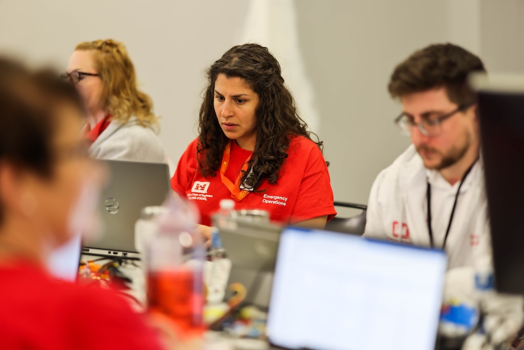 US Army Corps of Engineers ecologist Amani Khalil participates in operations at the Unified Command Center in Baltimore, Maryland. Khalil is backfilling various roles of USACE employees for the Key Bridge Response.