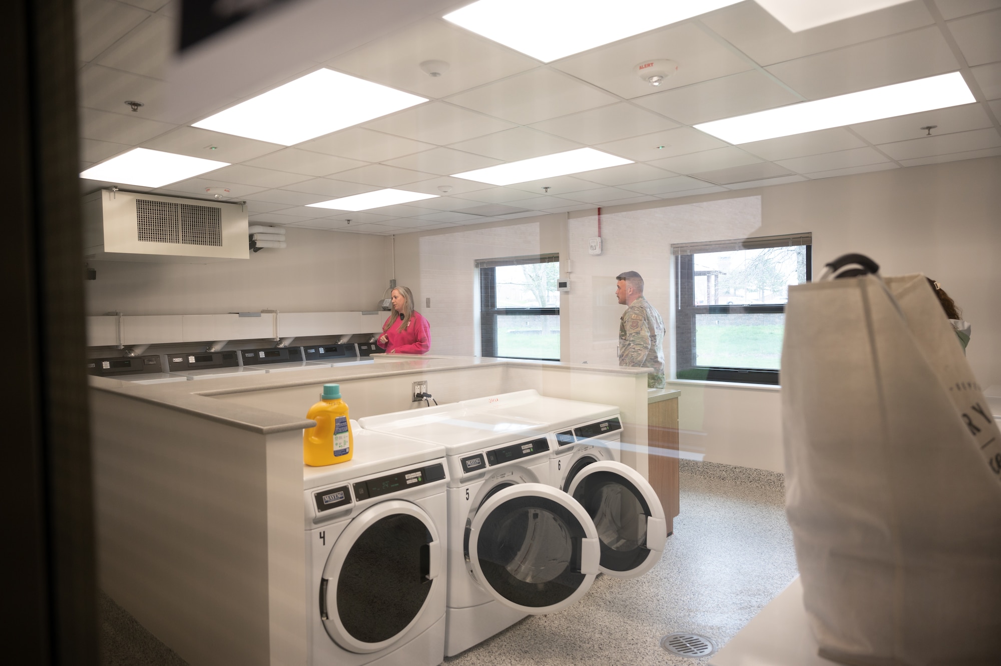 The Discovery Hall dormitory was recently renovated for U.S. Airmen at Whiteman Air Force Base, Mo., April 3, 2024. The laundry room now contains more modernized washers and dryers as one of the improvements made to the dormitory. (U.S. Air Force photo by Airman 1st Class Bryce Moore)