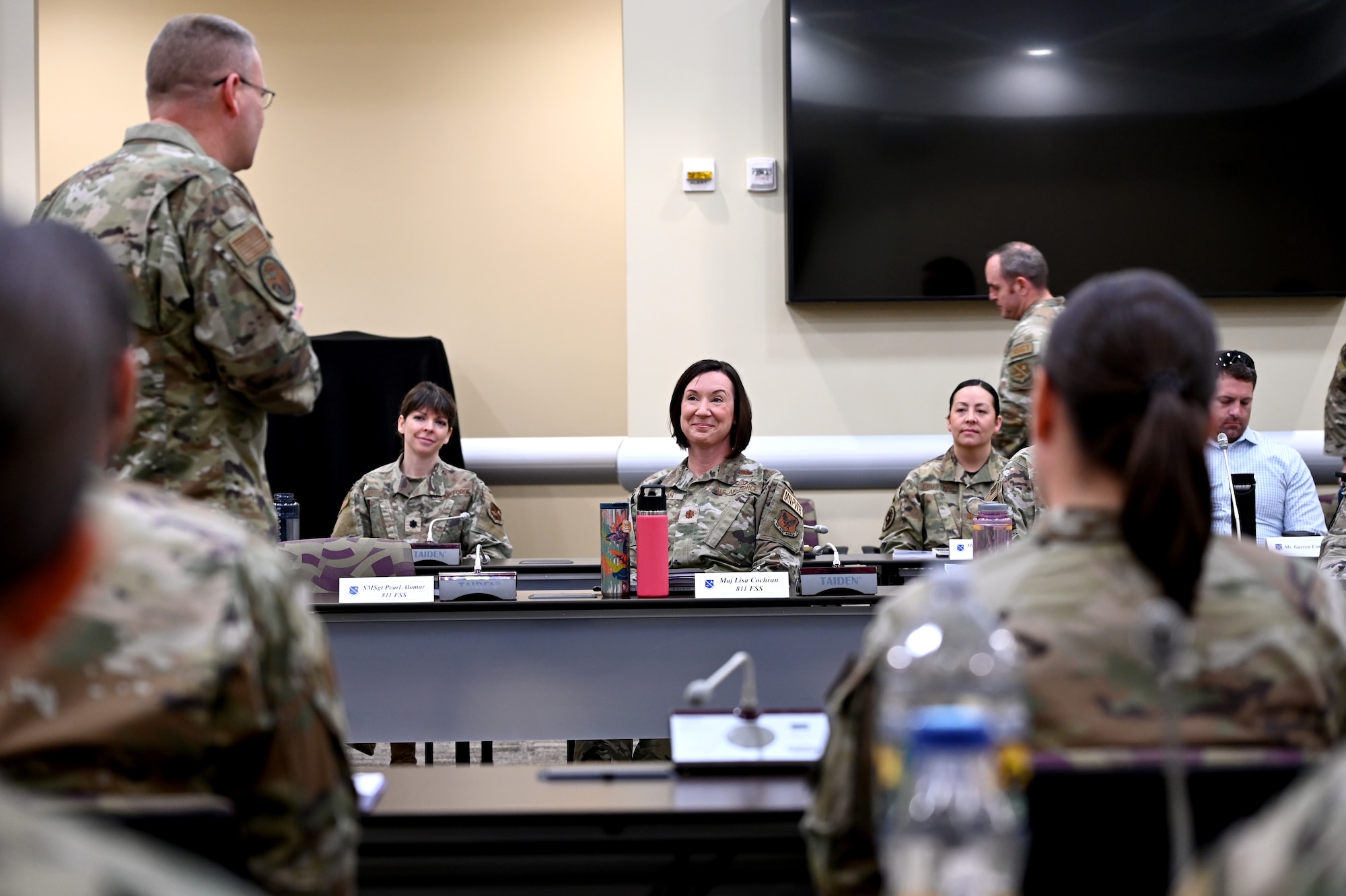 Maj. Gen. Daniel A. DeVoe, commander of the Air Force District of Washington, speaks with incoming squadron commanders and senior enlisted leaders during AFDW’s Squadron Leadership Course, April 15, 2024, at the Jacob Smart Conference Center on Joint Base Andrews, Maryland.