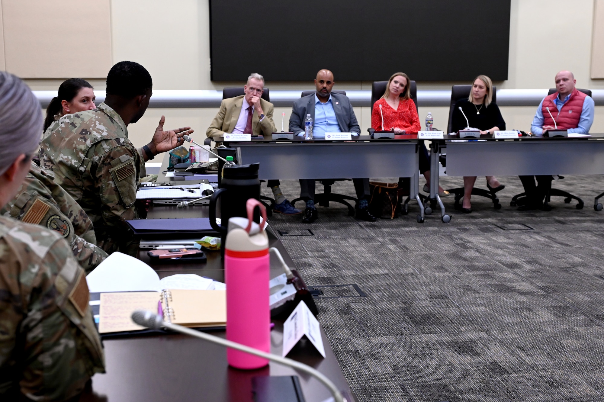 Lt. Col. James Nicholson asks the Washington Nationals executive team a question during a panel, April 17, 2024, at the Jacob Smart Conference Center on Joint Base Andrews, Maryland.