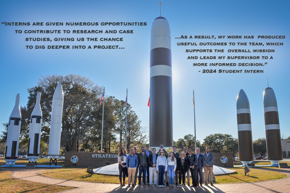 A group of student interns and developmental employees take a tour of the Strategic Systems Programs (SSP) field site Strategic Weapons Facility-Atlantic (SWFLANT). They are standing in front of the missile display at SWFLANT's headquarters building. SSP is the command that holds the cradle-to-grave responsibility for the submarine-launched ballistic missile system. SSP oversees all aspects of research, development, production, logistics, storage, repair, and operational support for the system.