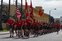 U.S. Marines with Recruit Training Regiment, lead a motivational run for Alpha Company, 1st Recruit Training Battalion, at Marine Corps Recruit Depot San Diego, California, April 18, 2024. The motivational run is the last physical training exercise Marines conduct while at MCRD. (U.S. Marine Corps photo by Cpl. Alexander O. Devereux)