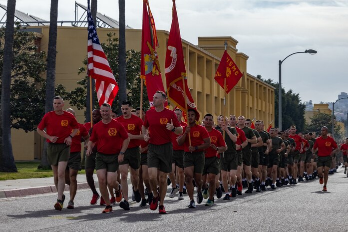 U.S. Marines with Recruit Training Regiment, lead a motivational run for Alpha Company, 1st Recruit Training Battalion, at Marine Corps Recruit Depot San Diego, California, April 18, 2024. The motivational run is the last physical training exercise Marines conduct while at MCRD. (U.S. Marine Corps photo by Cpl. Alexander O. Devereux)
