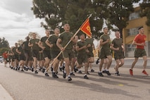 New U.S. Marines with Alpha Company, 1st Recruit Training Battalion, participate in a motivational run at Marine Corps Recruit Depot San Diego, California, April 18, 2024. The motivational run is the final training event new Marines complete before graduating which consists of a three-mile run throughout the Depot. (U.S. Marine Corps photo by Lance Cpl. Alexandra M. Earl)