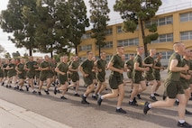 New U.S. Marines with Alpha Company, 1st Recruit Training Battalion, participate in a motivational run at Marine Corps Recruit Depot San Diego, California, April 18, 2024. The motivational run is the final training event new Marines complete before graduating which consists of a three-mile run throughout the Depot. (U.S. Marine Corps photo by Lance Cpl. Alexandra M. Earl)