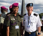 New York Army National Guard Chaplain (Col.) Douglas Brock, the state chaplain for the New York National Guard, poses with Zambian Chaplain Capt. P. Kopakopa during a meeting of African and American chaplains in  Lusaka, Zambia, April 8, 2024. The Zambian Defence Force invited Brock, New York Army National Guard Chaplain (Lt. Col.) Timothy Miller and other American chaplains to a five-day workshop for African military chaplains in Lusaka.