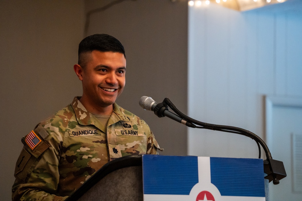 U.S. Army Corps of Engineers Louisville District Deputy Commander Lt. Col. Guillermo Guandique provides remarks during the ribbon cutting ceremony for the Indianapolis North Levee System in Indianapolis, Indiana, March  21, 2024.