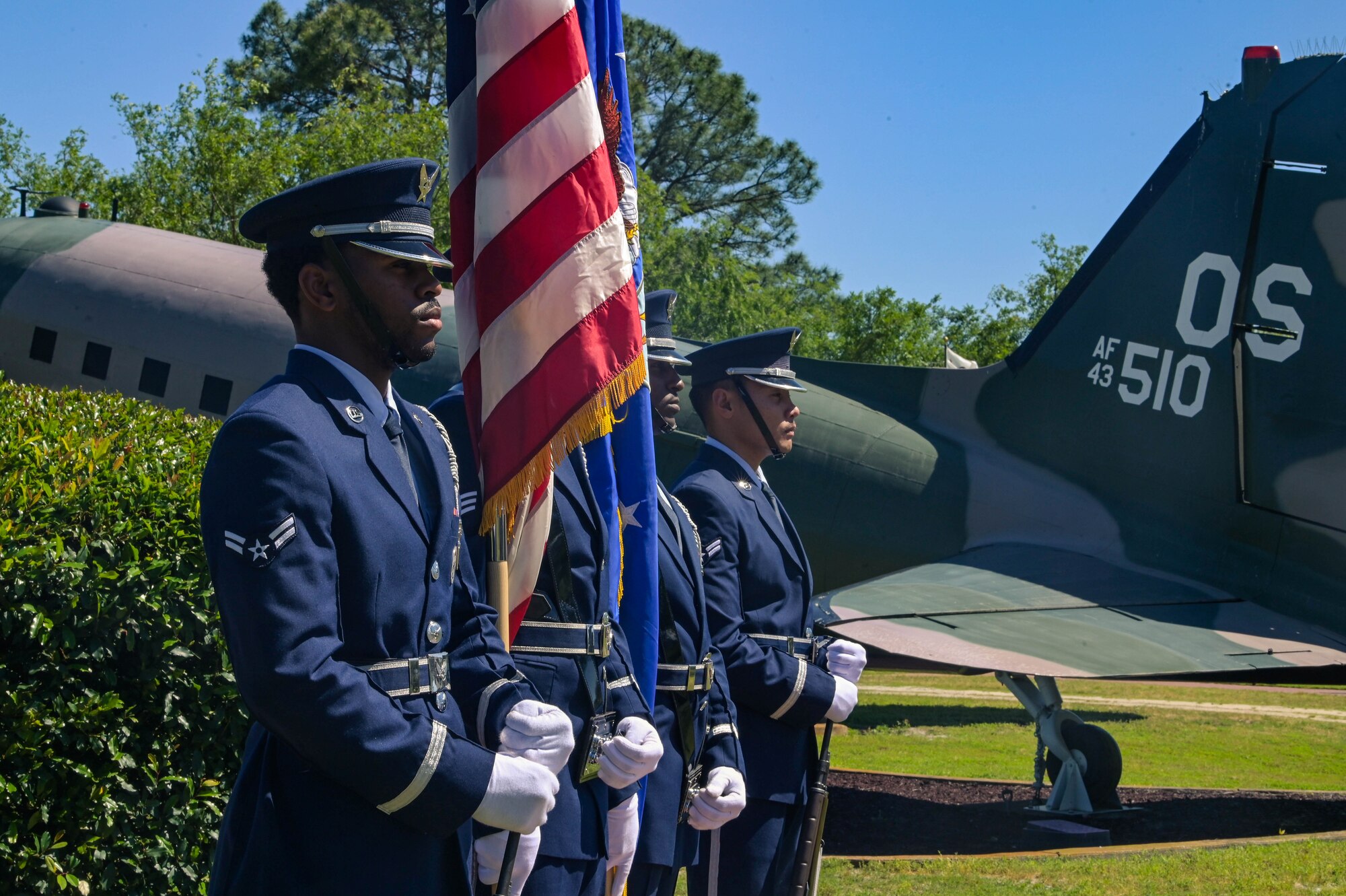 U.S. Air Force base Honor Guardsmen, assigned to the 1st Special Operations Force Support Squadron, prepare to present colors at the grand reopening of the memorial air park at Hurlburt Field, Florida, April 22, 2024.