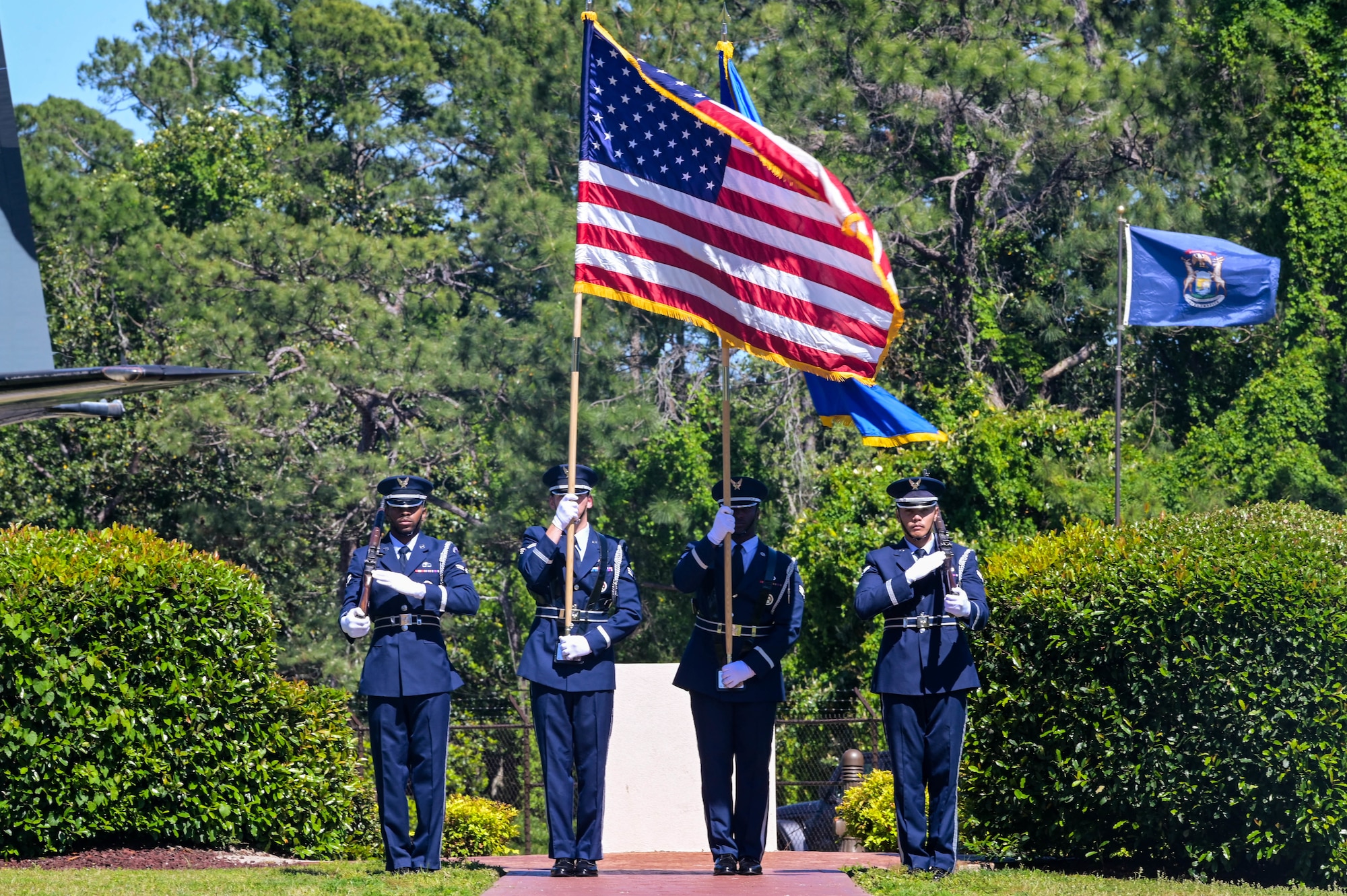 U.S. Air Force base Honor Guardsmen, assigned to the 1st Special Operations Force Support Squadron, present colors at the grand reopening of the memorial air park at Hurlburt Field, Florida, April 22, 2024.