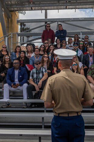U.S. Marine Corps Col. Peter Rummler, the commanding officer of Recruit Training Regiment, Marine Corps Recruit Depot San Diego, speaks to the educators from Recruiting Stations Portland, Riverside, San Francisco, and Seattle as part of the 2024 Educator’s Workshop at MCRD San Diego, California, April 19, 2024. Participants of the workshop visit MCRD San Diego to observe recruit training and gain a better understanding about the transformation from recruits to United States Marines. Educators also received classes and briefs on the benefits that are provided to service members serving in the United States armed forces. (U.S. Marine Corps photo by Sgt. Jesse K. Carter-Powell)