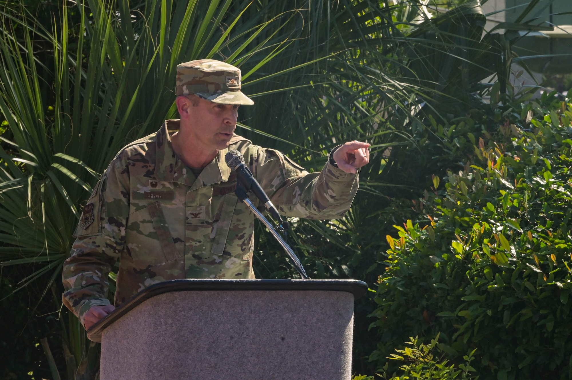 U.S. Air Force Col. Patrick Dierig, 1st Special Operations commander, gives remarks during the grand reopening of the memorial air park at Hurlburt Field, Florida, April 22, 2024.