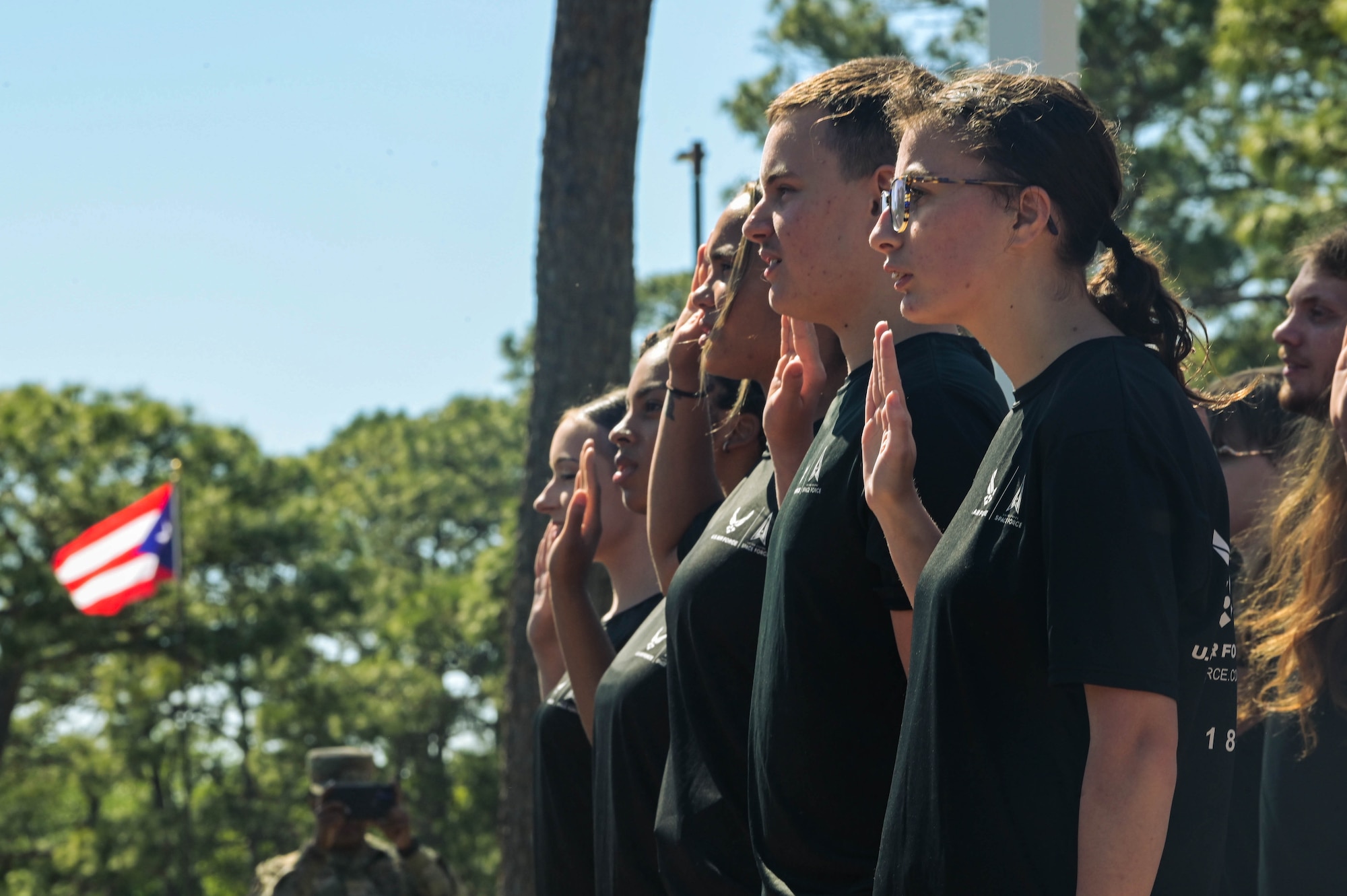 Thirty members of the U.S. Air Force Delayed Entry Program take the oath of enlistment during the grand opening of the memorial air park at Hurlburt Field, Florida, April 22, 2024.