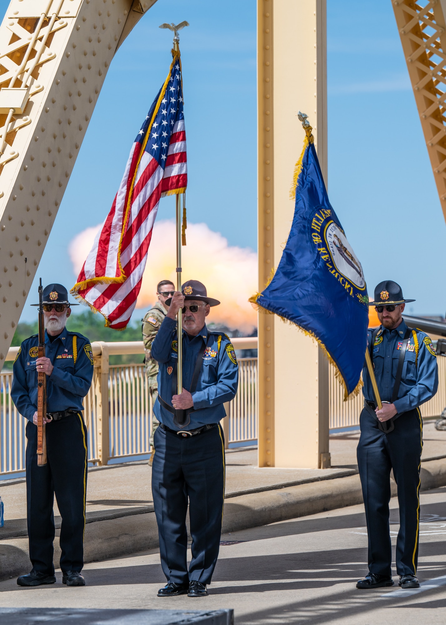 Members of the Veterans of Foreign Wars Post 1170 Honor Guard Team present the colors as canons fire behind them to kick off the Thunder Over Louisville air show in Louisville, Ky., April 20, 2024. This year’s event featured more than two-dozen military and civilian planes, including the Kentucky Air National Guard’s C130J Super Hercules. (U.S. Air National Guard photo by Dale Greer)