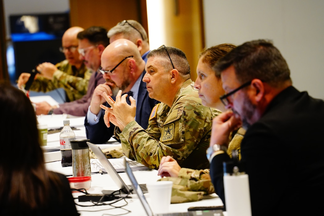 Col. Martin Naranja, Director of the Army Reserve Installation Management Directorate (ARIMD) Office, discusses project execution with members of the U.S. Army Corps of Engineers Louisville District during the Army Reserve Engineering Program Review meeting in Louisville, Kentucky, Feb. 27.