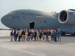 LEADership Wright-Patt participants toured a 445th Airlift Wing C-17 Globemaster III during their visit to the wing April 23, 2024. The group learned about the mission of 655th Intelligence, Surveillance and Reconnaissance Wing, presented by Col Philip Warlick, 655th ISR Wing commander, and the 445th AW, presented by Col Matthew Muha, 445th AW deputy commander. The group also participated in a leadership panel with Col Warlick and Col Michael Baker, 445th Operations Group commander.