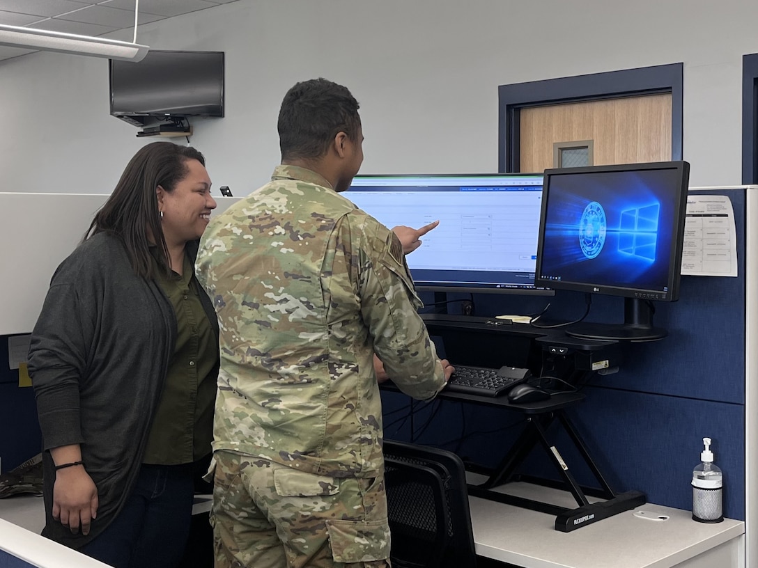 An Airmen with the 440th Supply Chain Operations Squadron at Joint Base Langley-Eustis, Va. receives instruction.