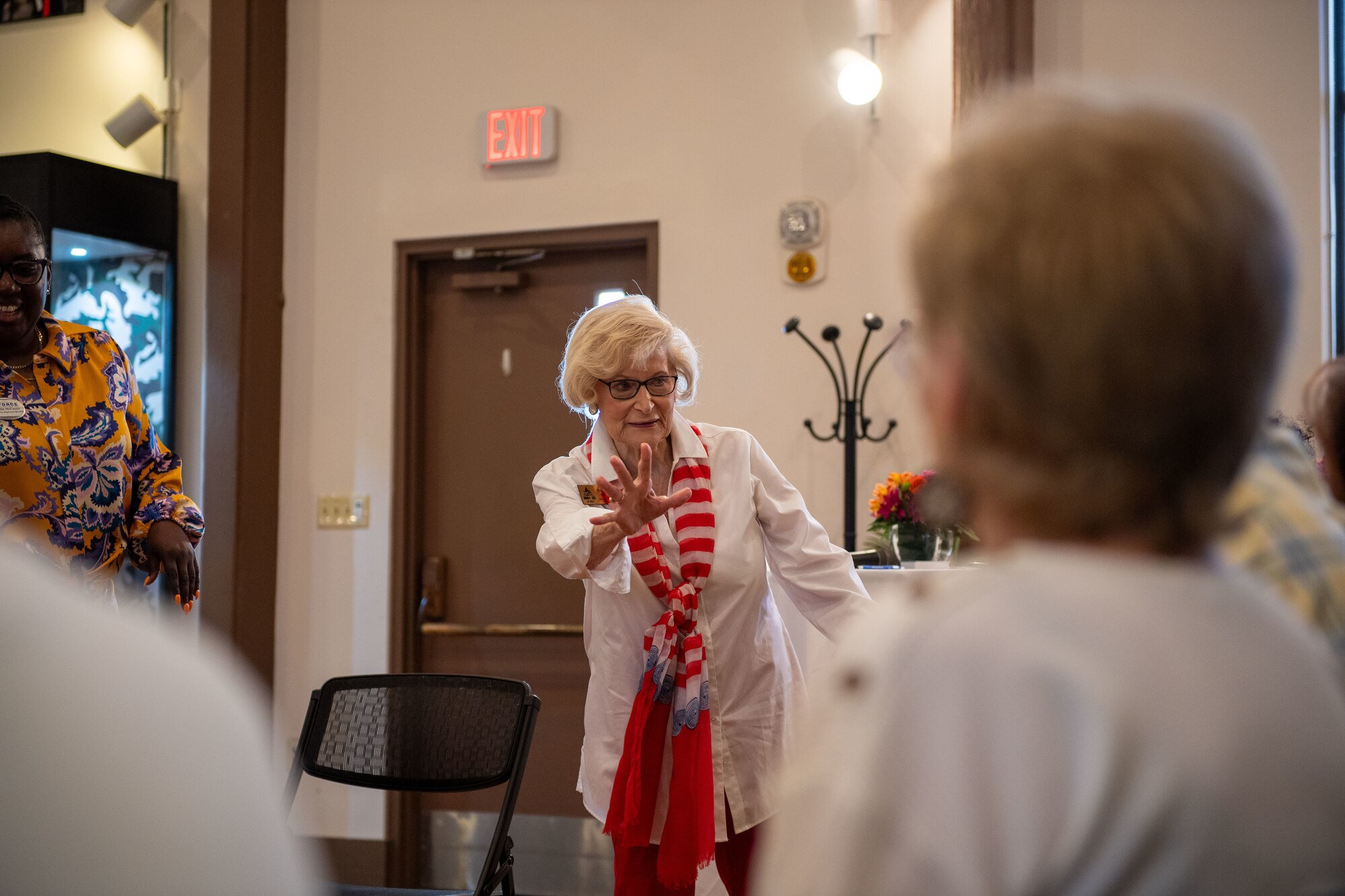 Dr. Lucy Greene, Moody Support Committee, addresses a group of widows during a Widows and Widowers Connection Group event at Moody Air Force Base, Georgia, April 17, 2024. The Widows and Widowers program is open to anyone with base access.  (U.S. Air Force photo by 2nd Lt. Benjamin Williams)