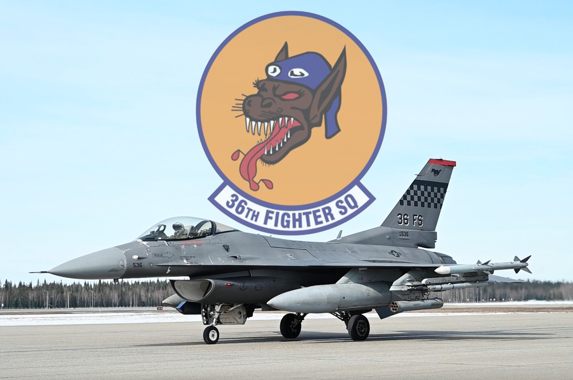 A U.S. Air Force F-16 Fighting Falcon assigned to the 36th Fighter Squadron taxis on the runway