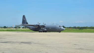 A U.S. Air Force C-130 Hercules aircraft sits on the tarmac at Toussaint Louverture International Airport in Port-au-Prince, Haiti, April 23, 2024.