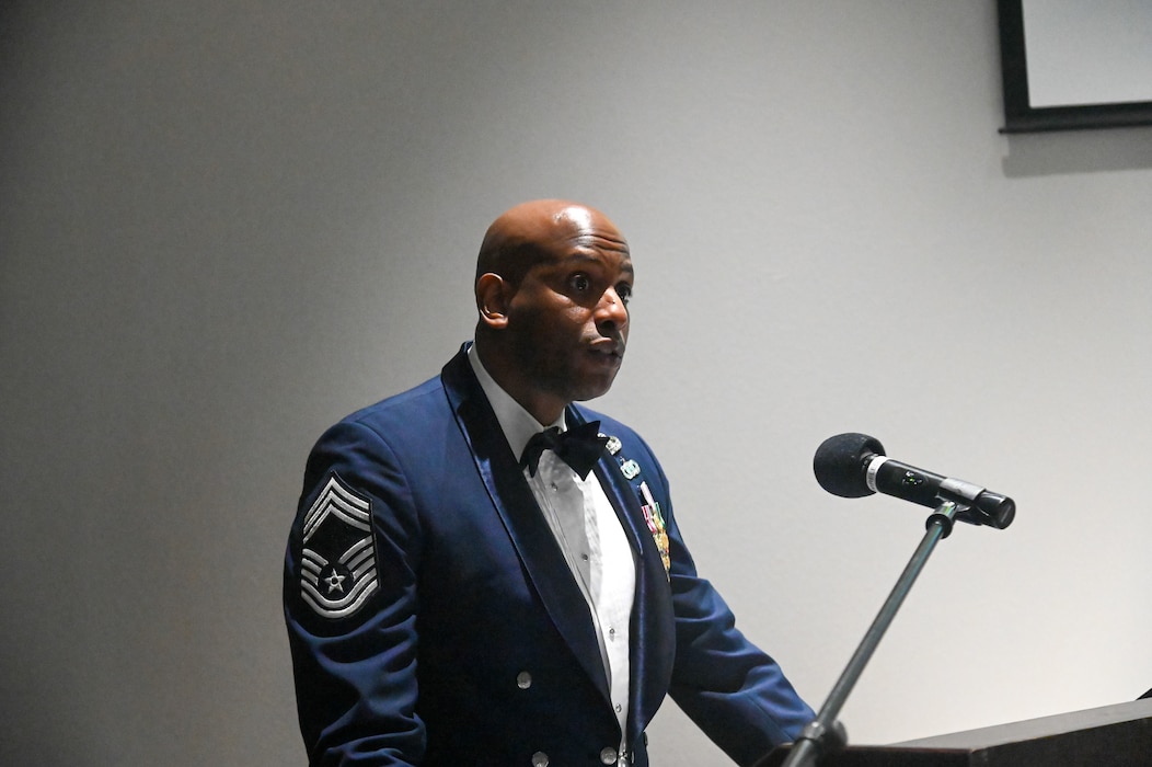 U.S. Air Force Chief Master Sgt. Derrick Sherrod, 17th Mission Support Group senior enlisted leader, speaks at the 2024 Chief Recognition Ceremony at the Powell Event Center, Goodfellow Air Force Base, Texas, April 19, 2024. The Goodfellow AFB J9 Council hosted the 2024 Chief Recognition Ceremony to honor Senior Master Sgt. Christina Dykstra, 316th Training Squadron senior enlisted leader. (U.S. Air Force photo by Airman James Salellas)