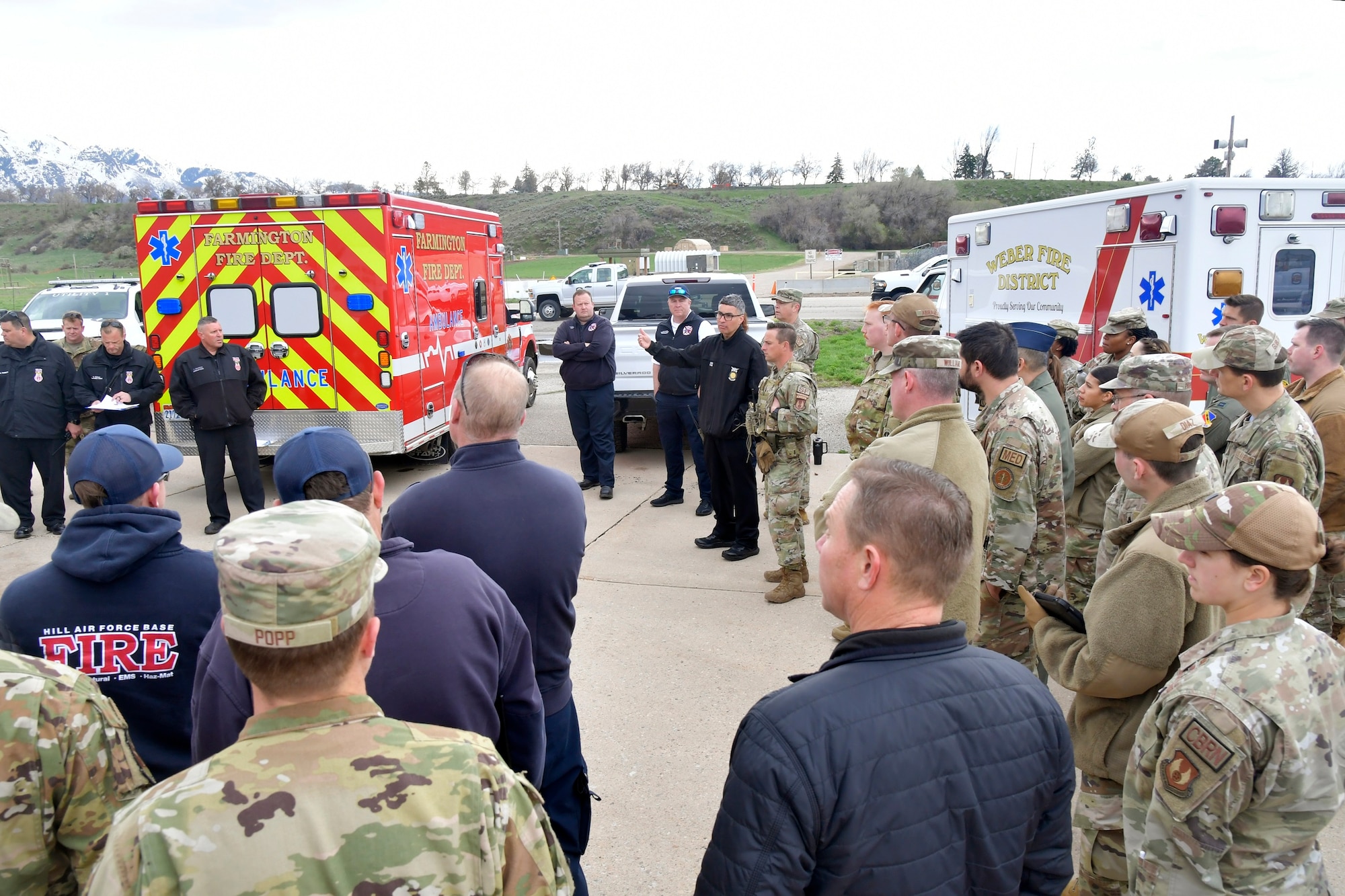 Members of various Hill Air Force Base units teamed with community responders April 17 for a joint mass casualty exercise. The exercise simulated a performing aircraft crashing into a group onlookers, causing the demand of patients to exceed resources and capabilities. The aim of the exercise was to maximize training for responders, test and evaluate emergency functions and response, and enhance readiness, integration, and response skills.