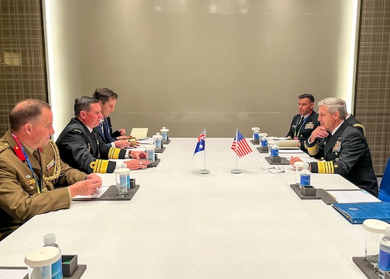 Adm. Stephen Koehler, commander, U.S. Pacific Fleet, right, meets with Vice Adm. Mark Hammond, chief of the Royal Australian Navy, center left, at the Western Pacific Naval Symposium in Qingdao, China, April 22, 2024. Koehler met with Hammond to discuss the increasing security challenges in the Indo-Pacific. (Photo Courtesy of U.S. Navy)