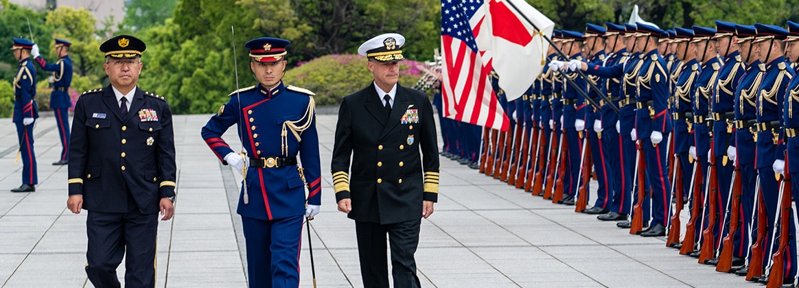 240422-N-PC065-1490 TOKYO, Japan (April 22, 2024) Adm. John C. Aquilino, right, commander of U.S. Indo-Pacific Command, inspects the Japan ground self defense force special honor guard with Japanese Chief of Staff, Japan Joint Staff, Gen. Yoshihide Yoshida, left, during a visit to Tokyo, April 22, 2024. The visit included exchanges on regional security and mutual partnership, further developing the strategic partnership with Japan codified in the 1960 U.S.-Japan Treaty of Mutual Cooperation and Security. USINDOPACOM is committed to enhancing stability in the Indo-Pacific region by promoting security cooperation, encouraging peaceful development, responding to contingencies, deterring aggression and, when necessary, fighting to win. (U.S. Navy photo by Mass Communication Specialist 1st Class John D. Bellino)