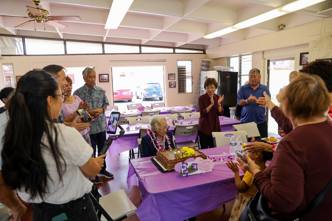 Velma P. Kim, centenarian U.S. Army spouse and steadfast supporter of Schofield Barracks, left, and Yong Suk Potts, former proprietor of renowned Dong Yang Inn, pose for a photo at Wahiawa United Church of Christ April 21, 2024. The potluck was hosted honoring Kim's 100th birthday and lifetime of service to the military community, and family.  (U.S. Army photo by Staff Sgt. Andre Taylor)