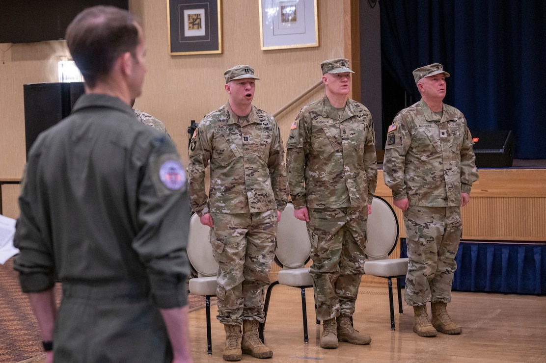 U.S. Army 22nd Space Company command team leads the attendees of a deactivation ceremony at Misawa Air Base, Japan, April 12, 2024.