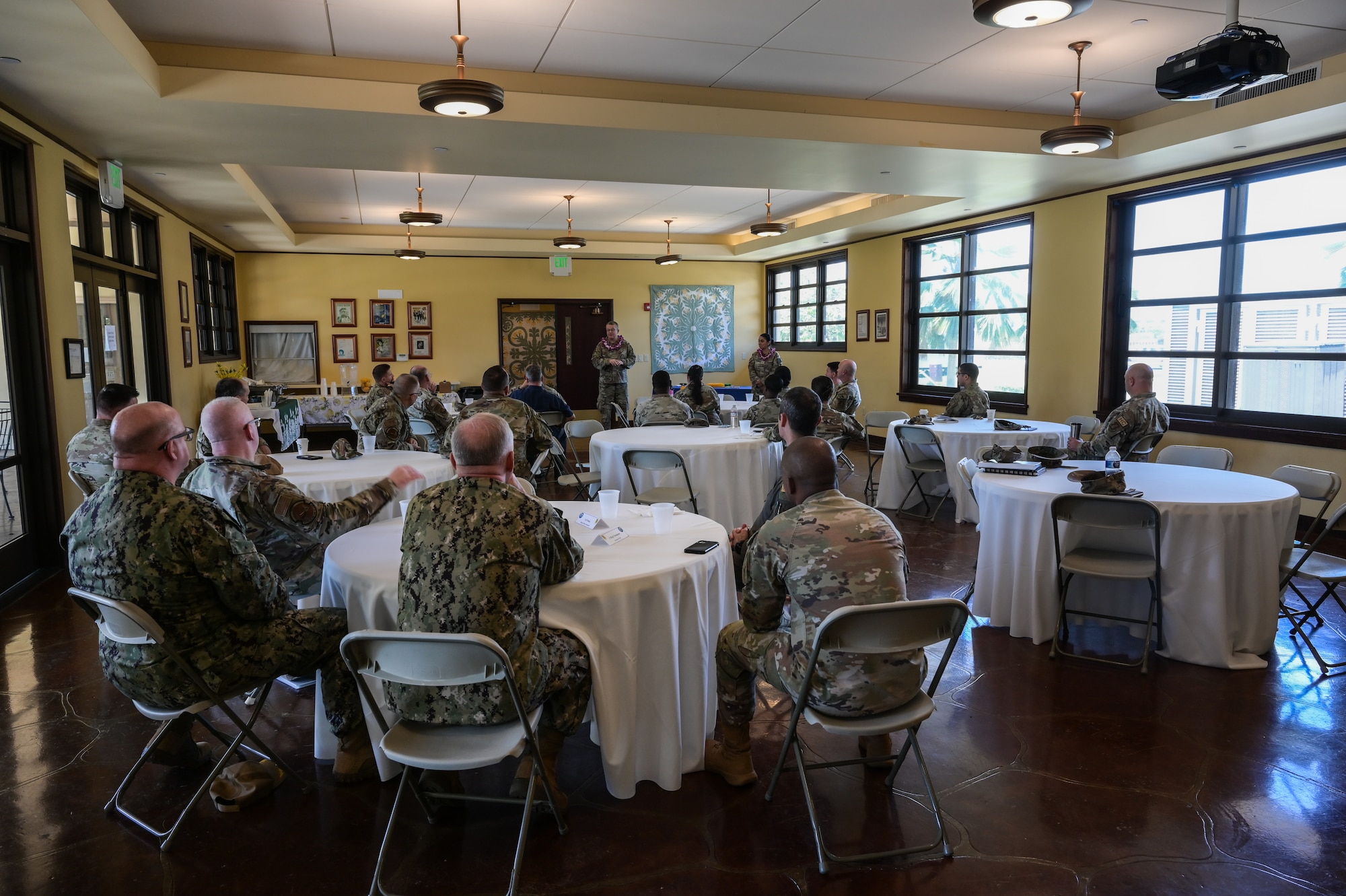 Maj. Gen. Randall Kitchens, U.S. Air Force Chief of Chaplains, speaks to Airmen at Joint Base Pearl Harbor-Hickam, Hawaii, April 23, 2024. Kitchens discussed the significance and history of the chaplain corp and it’s separation from the Army Air Corps in 1949. (U.S. Air Force photo by Staff Sgt. Alan Ricker)